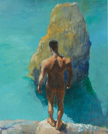 Naked man gazing toward sea, vision blocked by dark sea stack